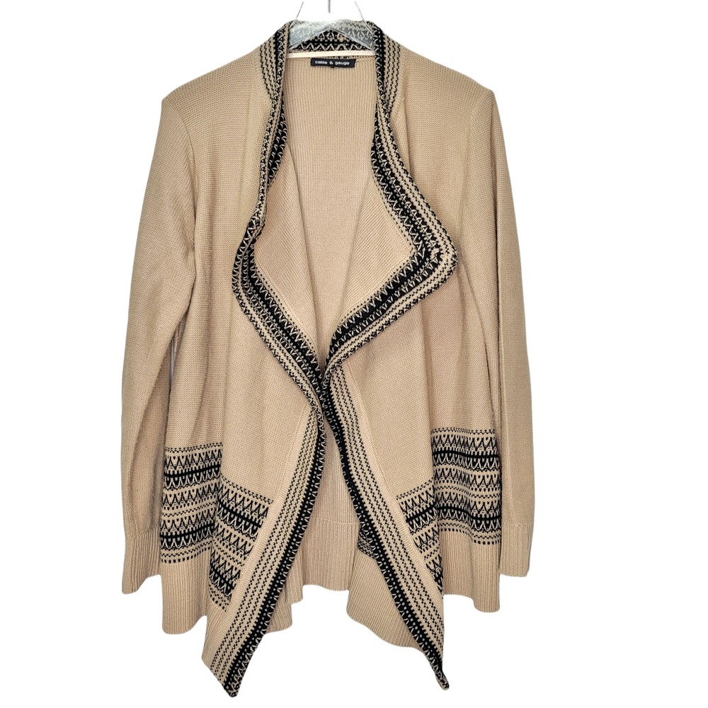 Cable & Gauge Knit Cardigan Sweater Open Front Waterfall Tan Black‎ Neutral M/L